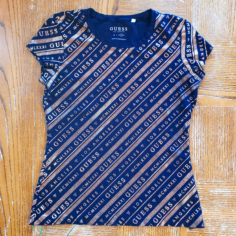 GUESS women's black t-shirt with gold foil print, size L